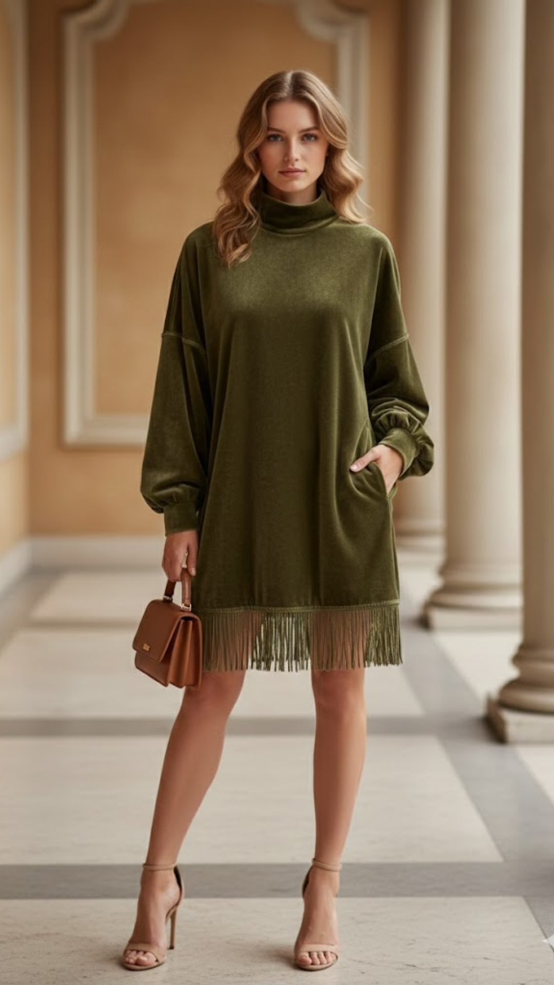 ANA | Vestido de ante con cuello alto y flecos