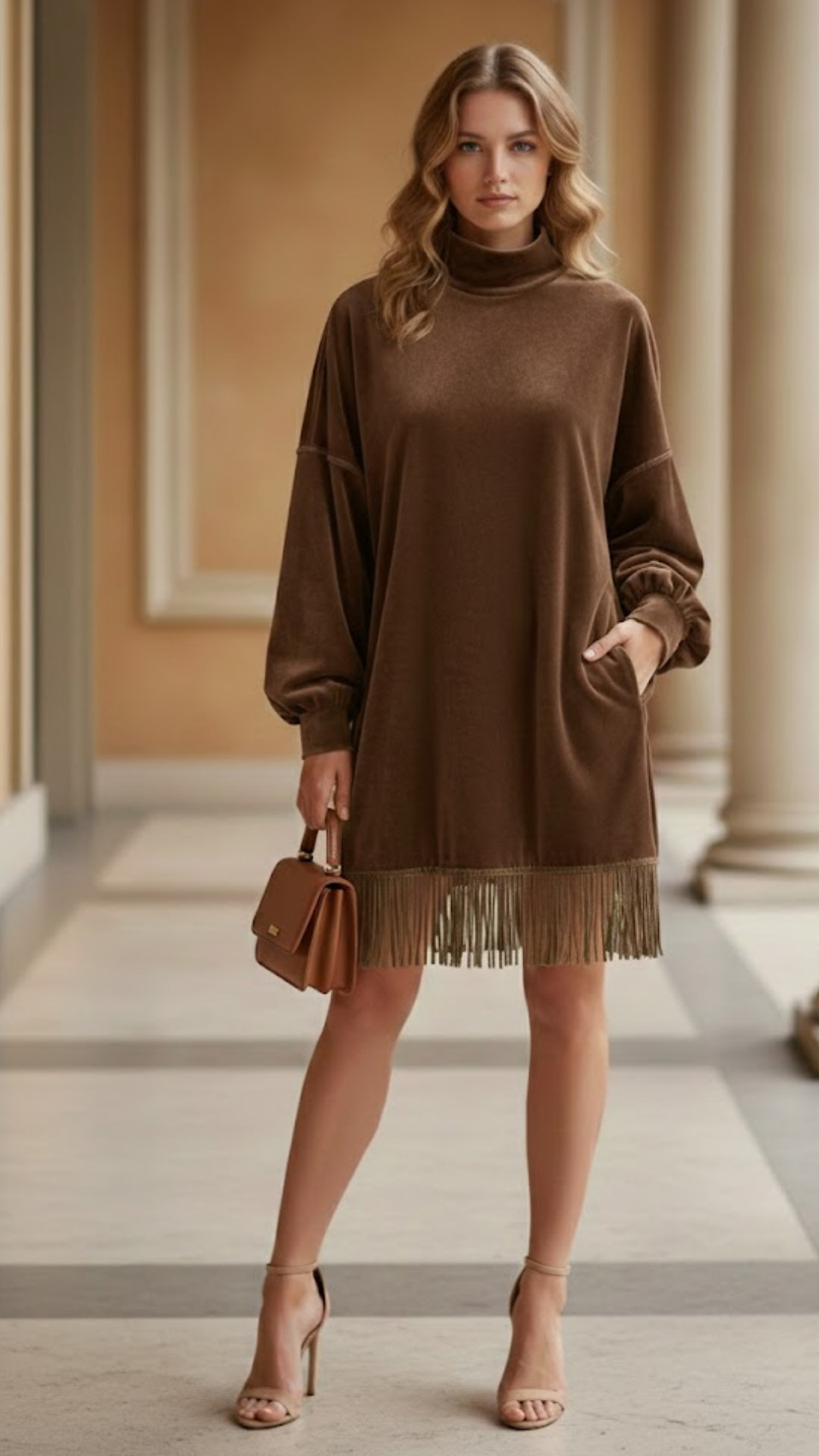 ANA | Vestido de ante con cuello alto y flecos