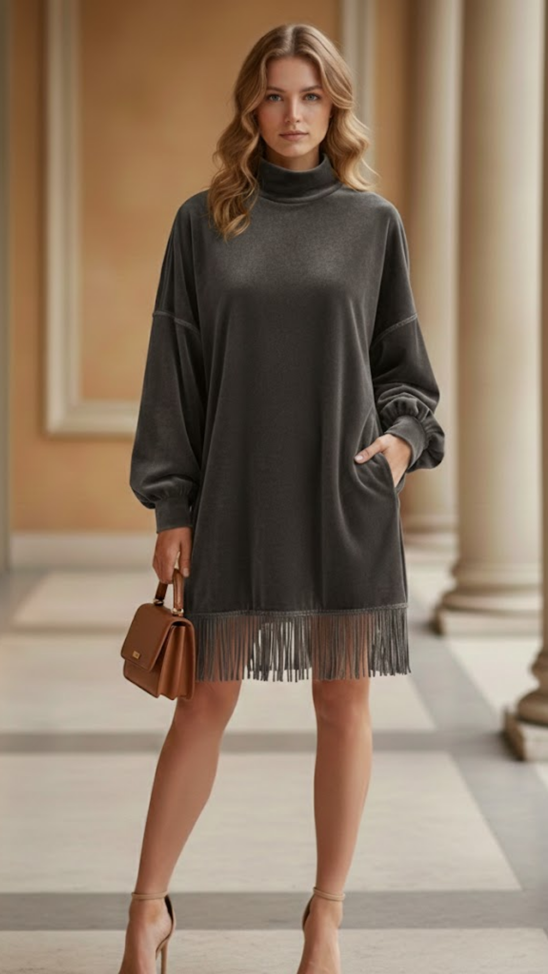 ANA | Vestido de ante con cuello alto y flecos