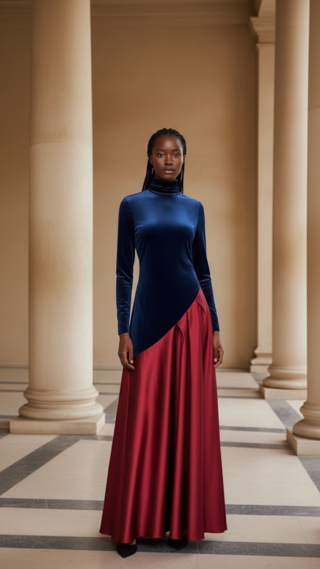 Beatrice | Elegante vestido largo bicolor y satén con falda fluida