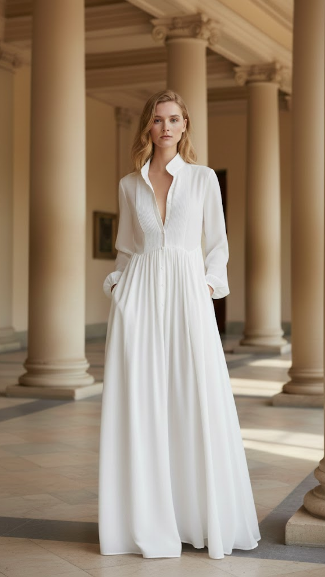 Elisa - Vestido maxi minimalista de patchwork con cuello alto y mangas largas