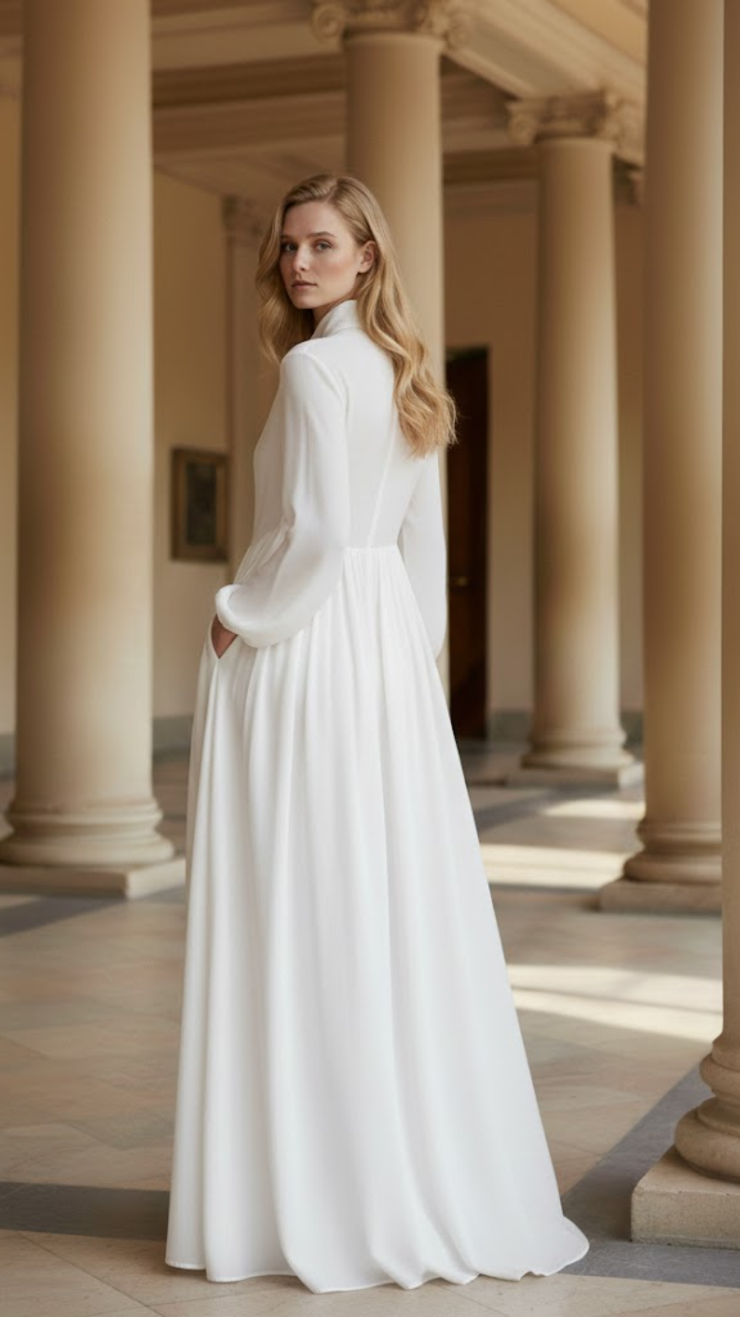 Elisa - Vestido maxi minimalista de patchwork con cuello alto y mangas largas