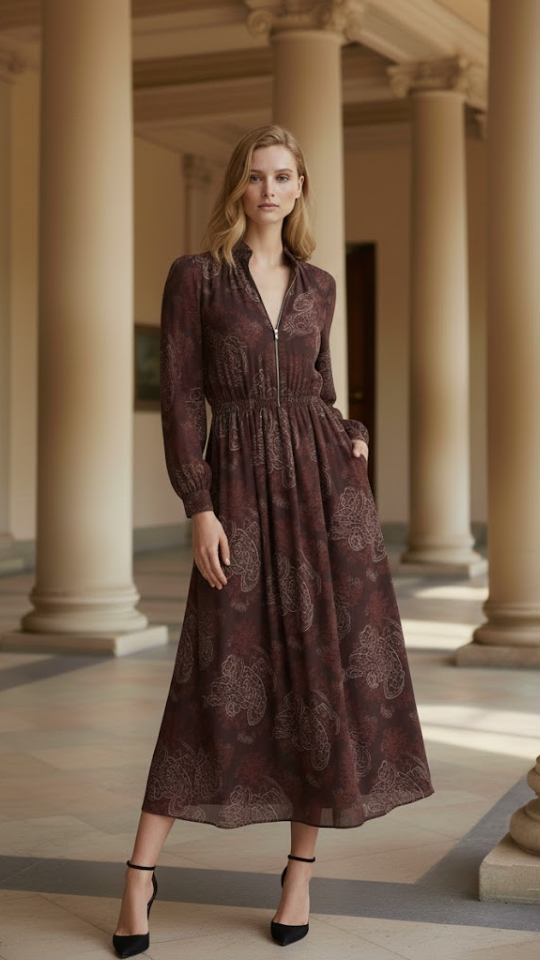 Amelia | Vestido largo con estampado paisley y cremallera en la cintura