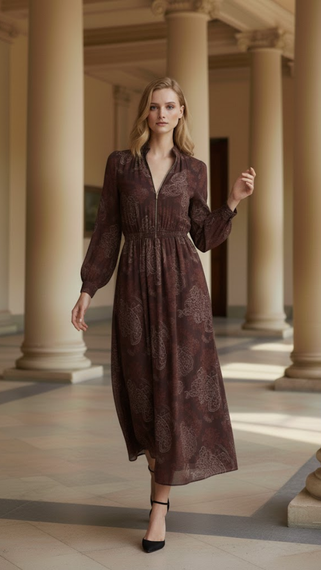 Amelia | Vestido largo con estampado paisley y cremallera en la cintura