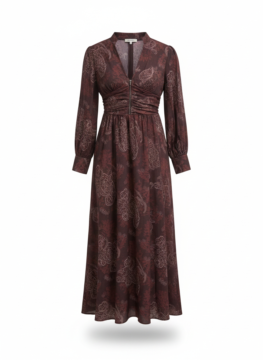 Amelia | Vestido largo con estampado paisley y cremallera en la cintura