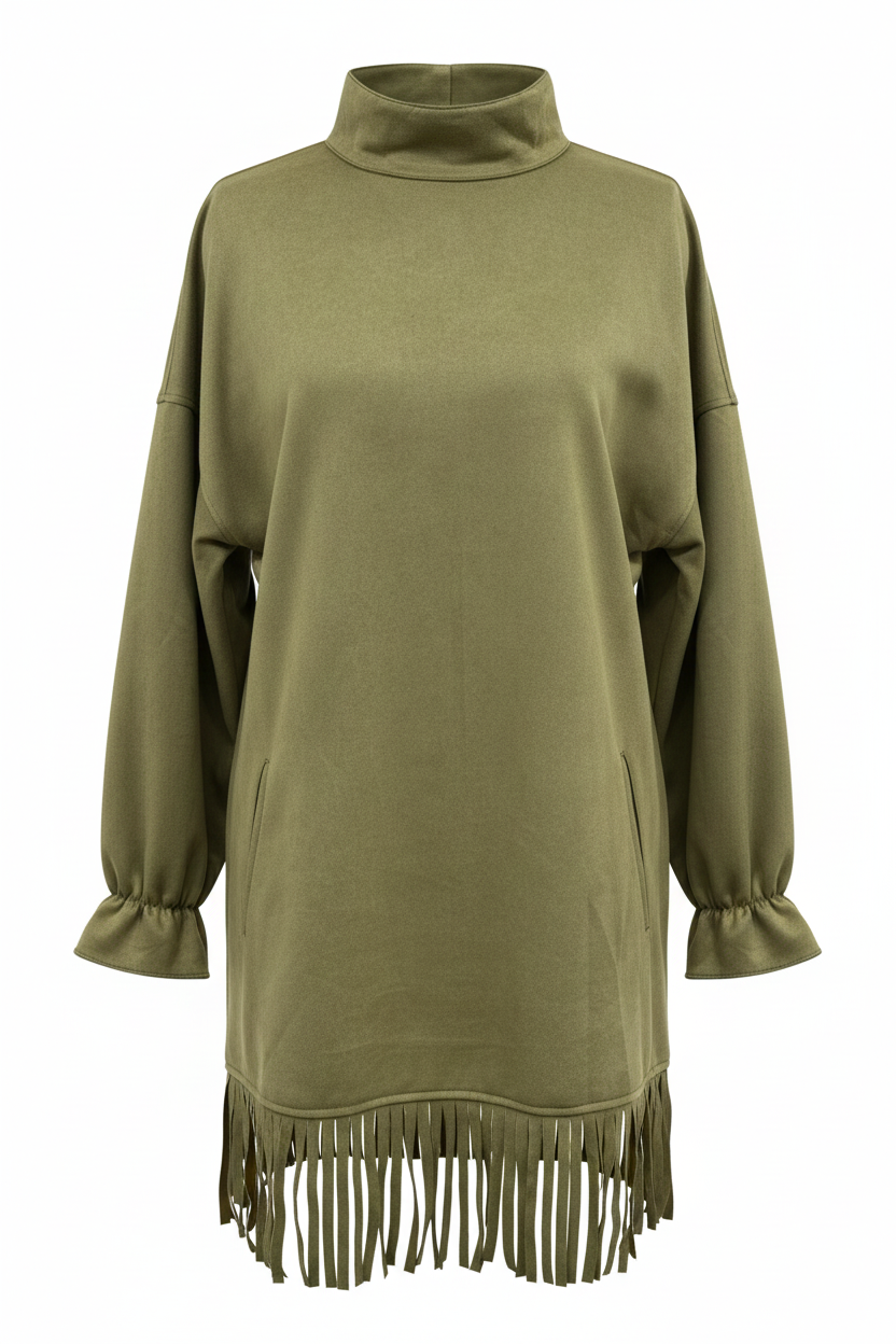 ANA | Vestido de ante con cuello alto y flecos